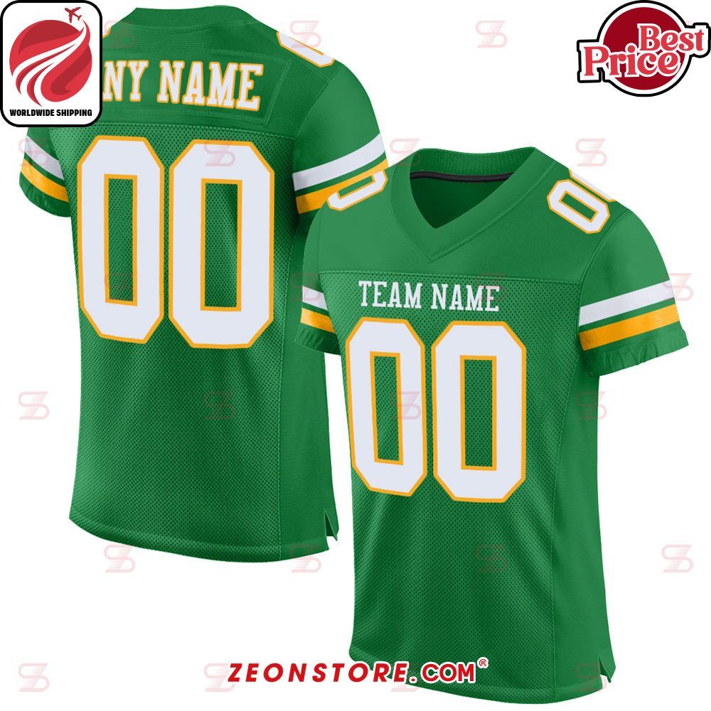 Grass Green White Gold Authentic Custom Football Jersey