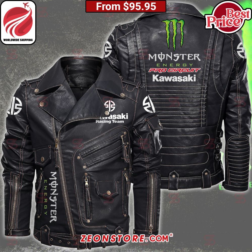 Monster Energy Pro Circuit Kawasaki Belt Solid Zip Locomotive Leather Jacket