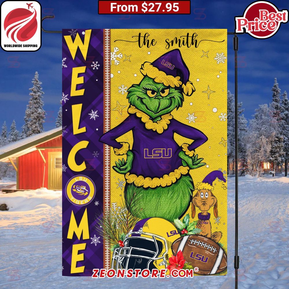 The Grinch LSU Tigers Welcome Football Christmas Flag Wow, cute pie